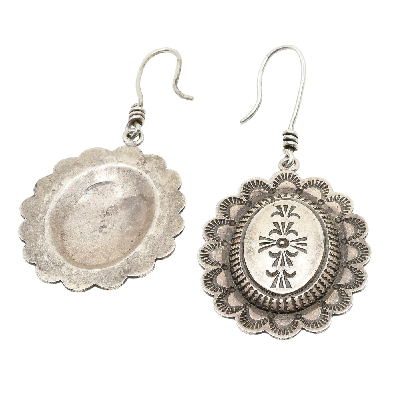 Vintage Navajo Silver Concho Earrings With Stampwork and Repousse - Turquoise & Tufa