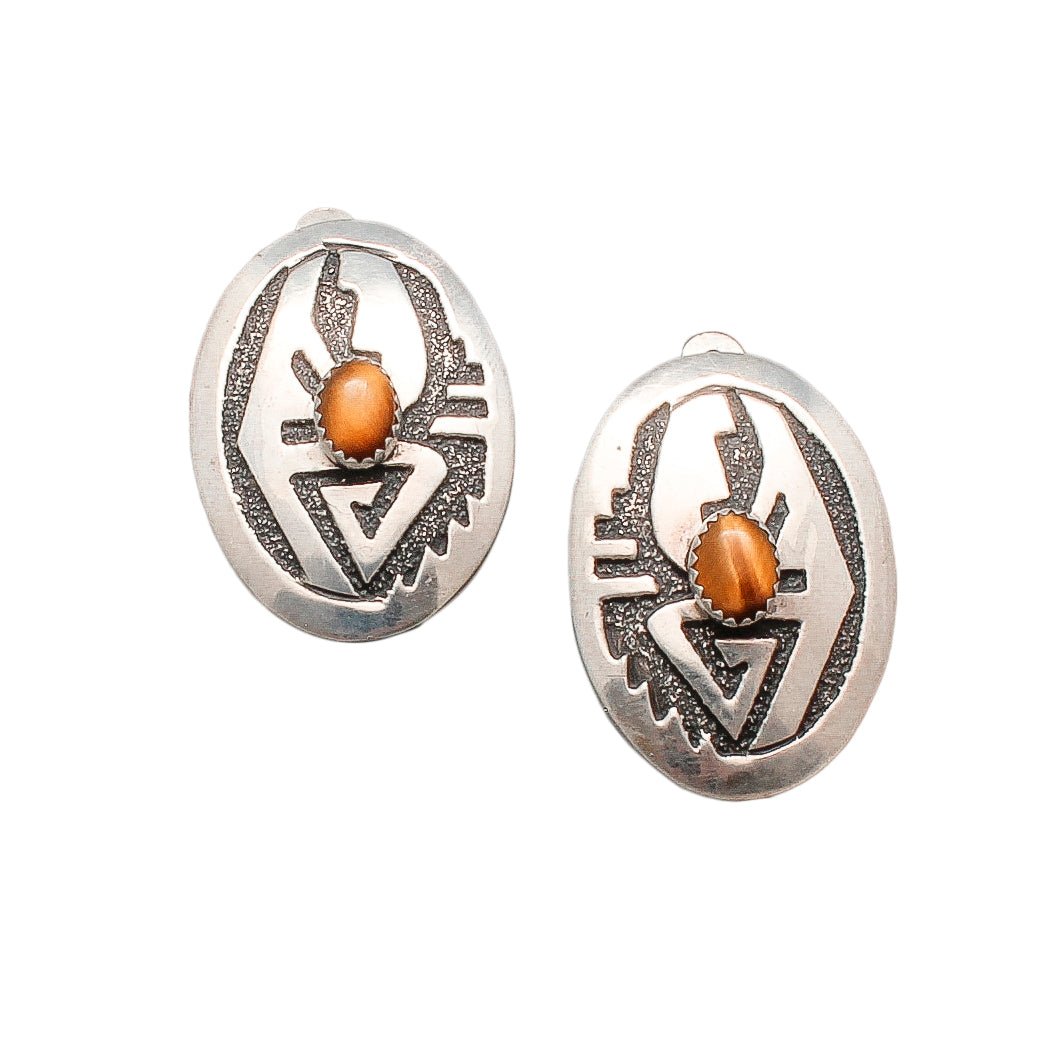 Vintage Navajo Silver Overlay Clip Earrings By Tommy Singer