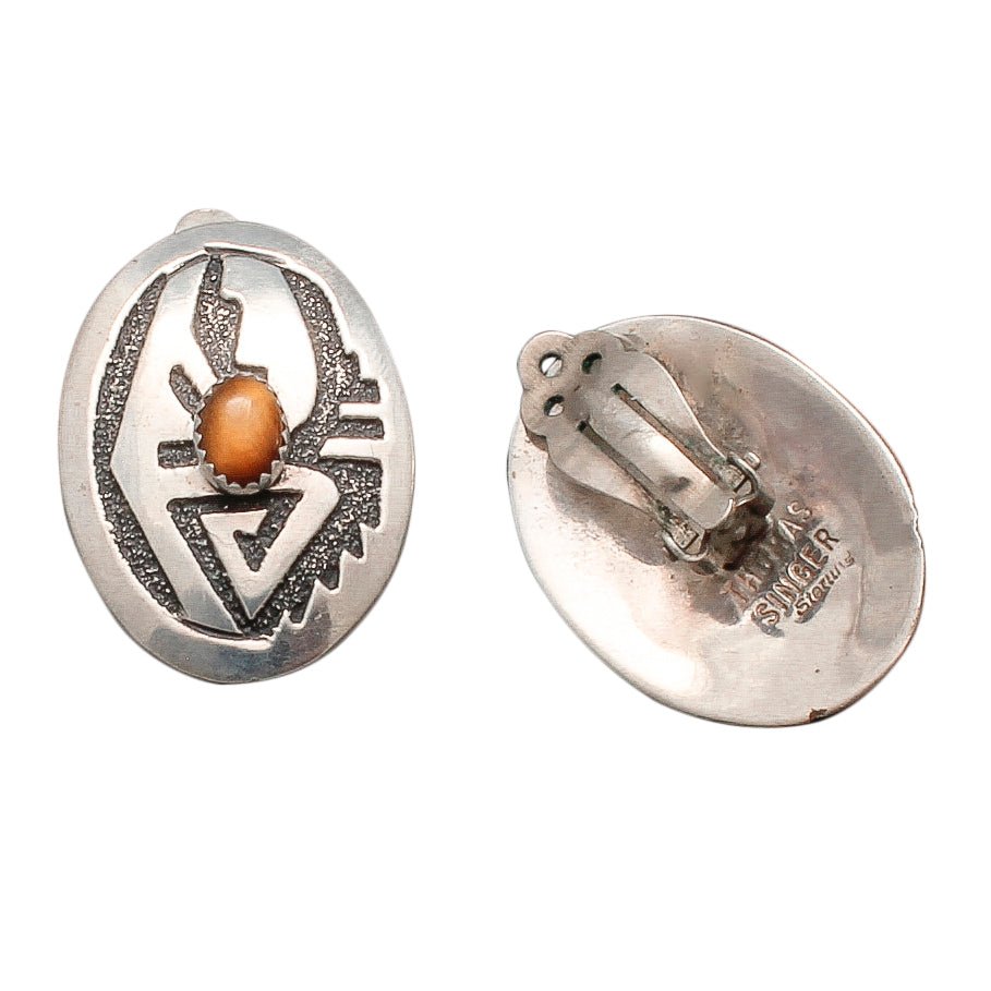 Vintage Navajo Silver Overlay Clip Earrings By Tommy Singer - Turquoise & Tufa