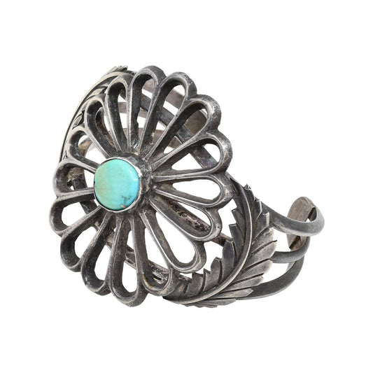 Vintage Navajo Silver Sand Cast Flower Bracelet With Turquoise - Turquoise & Tufa