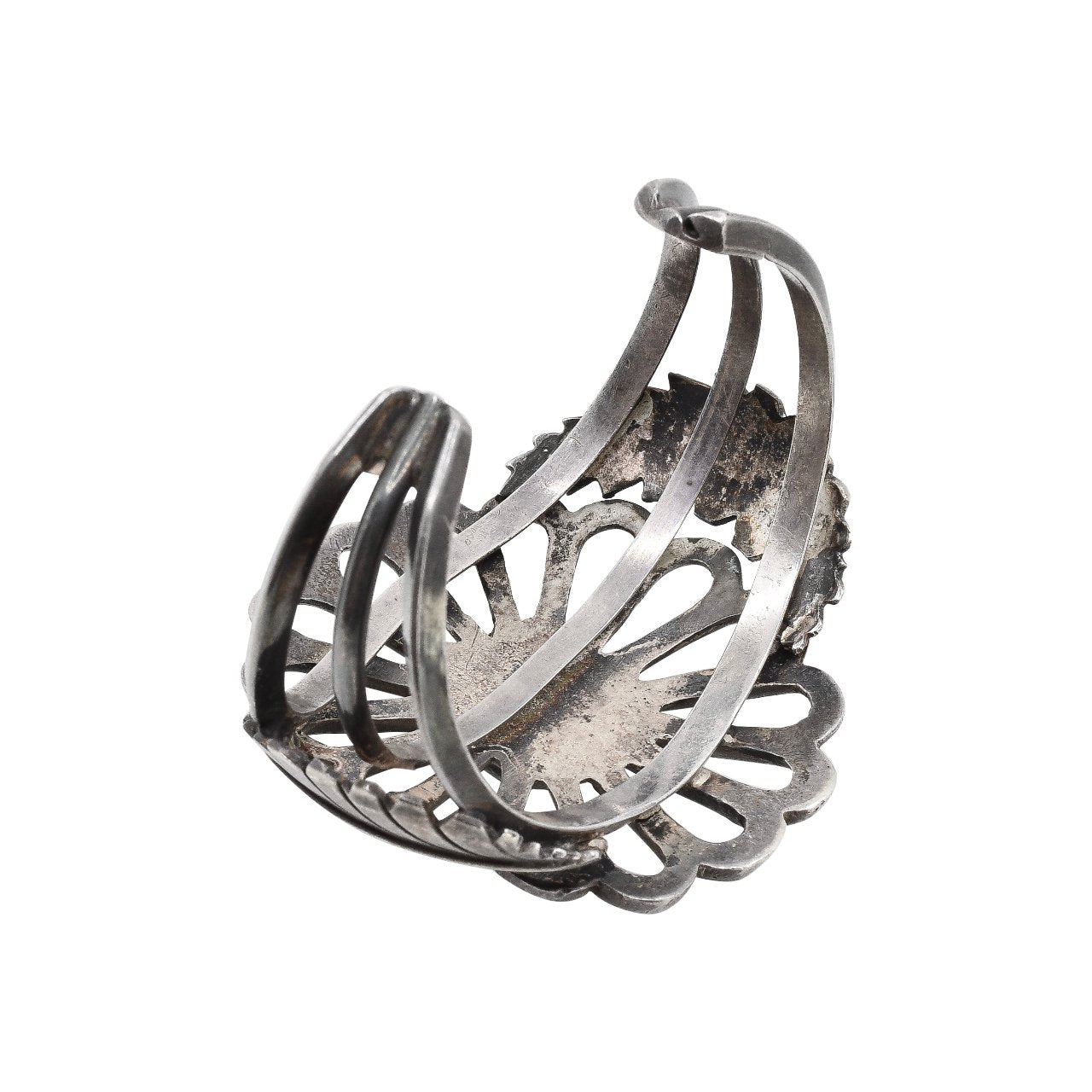 Vintage Navajo Silver Sand Cast Flower Bracelet With Turquoise - Turquoise & Tufa