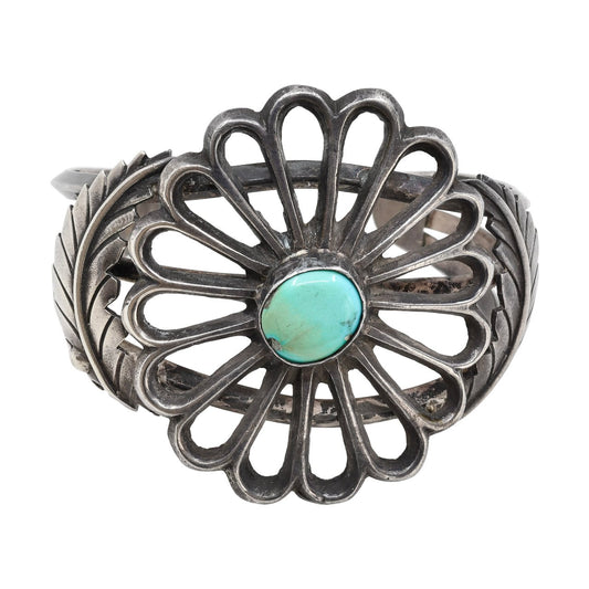 Vintage Navajo Silver Sand Cast Flower Bracelet With Turquoise - Turquoise & Tufa