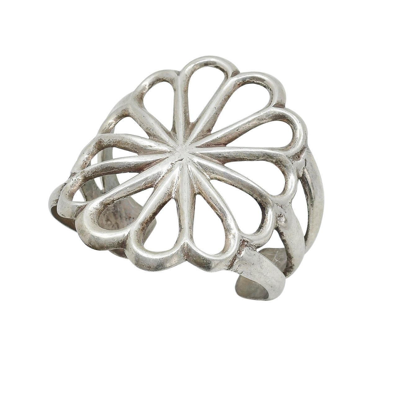 Vintage Navajo Silver Sand Cast Flower Cuff - Turquoise & Tufa
