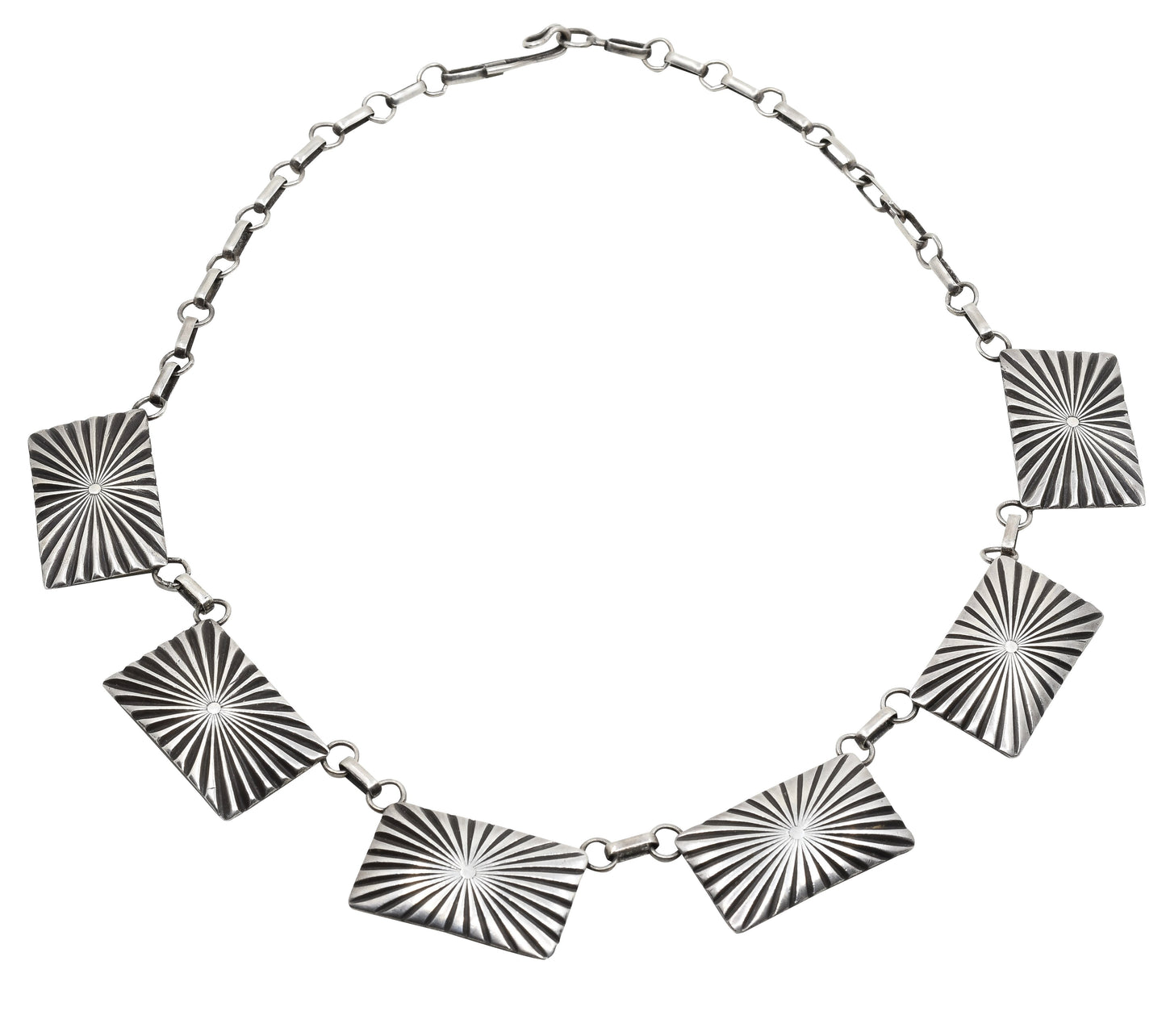 Vintage Navajo Silver Segment Necklace With Starburst Motif - Turquoise & Tufa