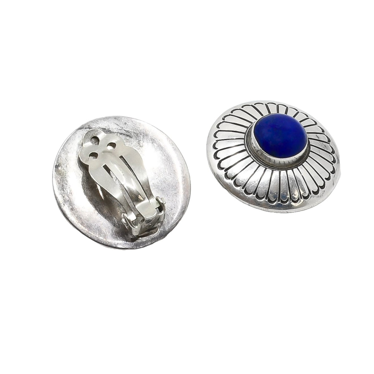 Vintage Navajo Silver Stamped Earrings Set With Lapis Stones Clips - Turquoise & Tufa