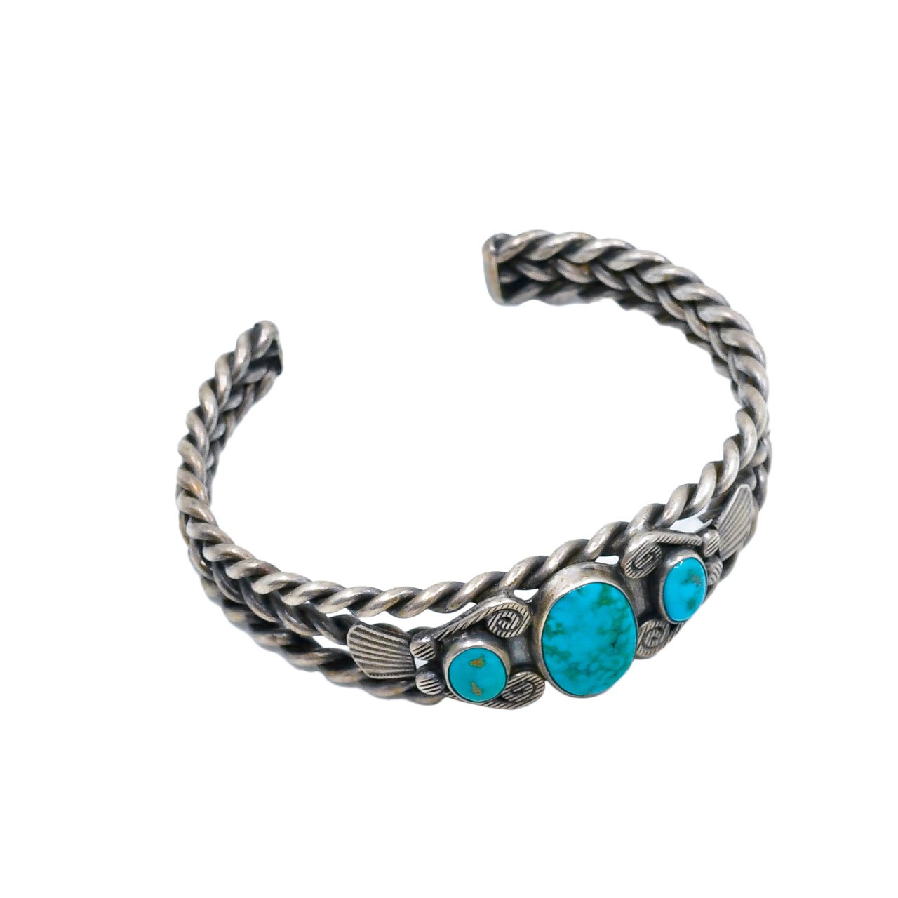 Vintage Navajo Silver Twisted Wire Bracelet With Natural Turquoise - Turquoise & Tufa