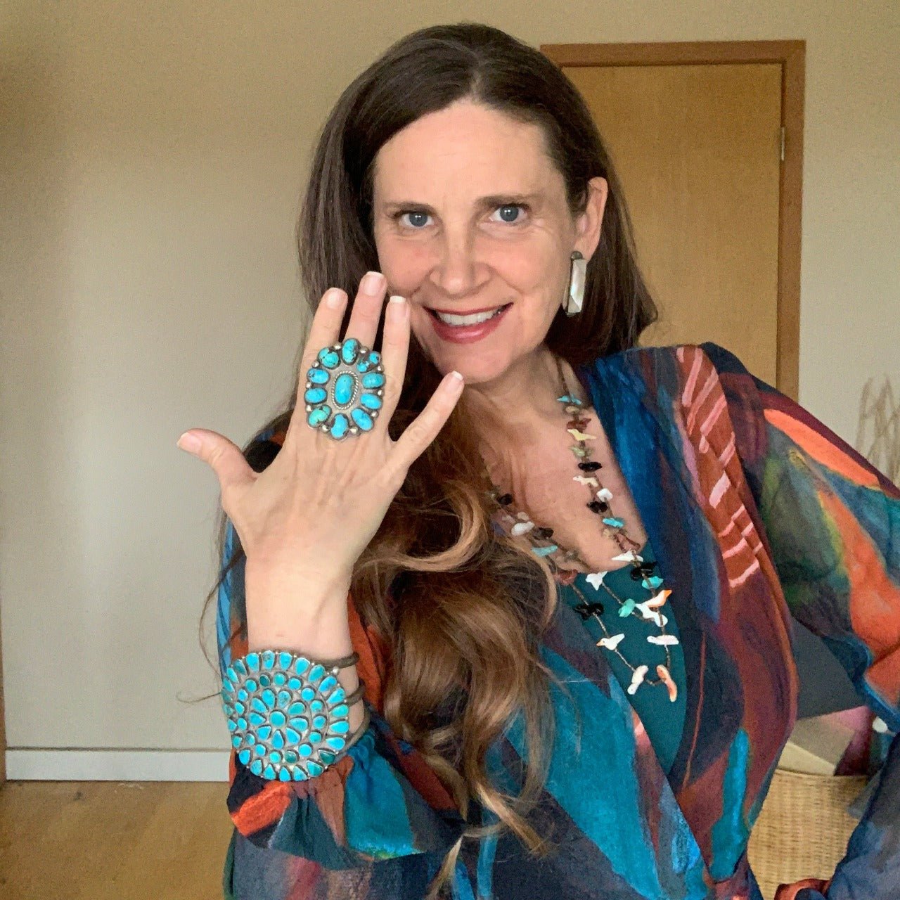 Vintage Navajo Turquoise Cluster Bracelet - Turquoise & Tufa