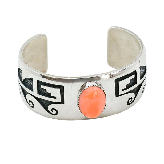 Vintage Philbert Poseyesva Silver Overlay Bracelet With Angel Skin Coral - Turquoise & Tufa