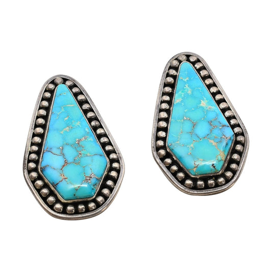 Vintage Silver and Turquoise Earrings Navajo Handmade - Turquoise & Tufa