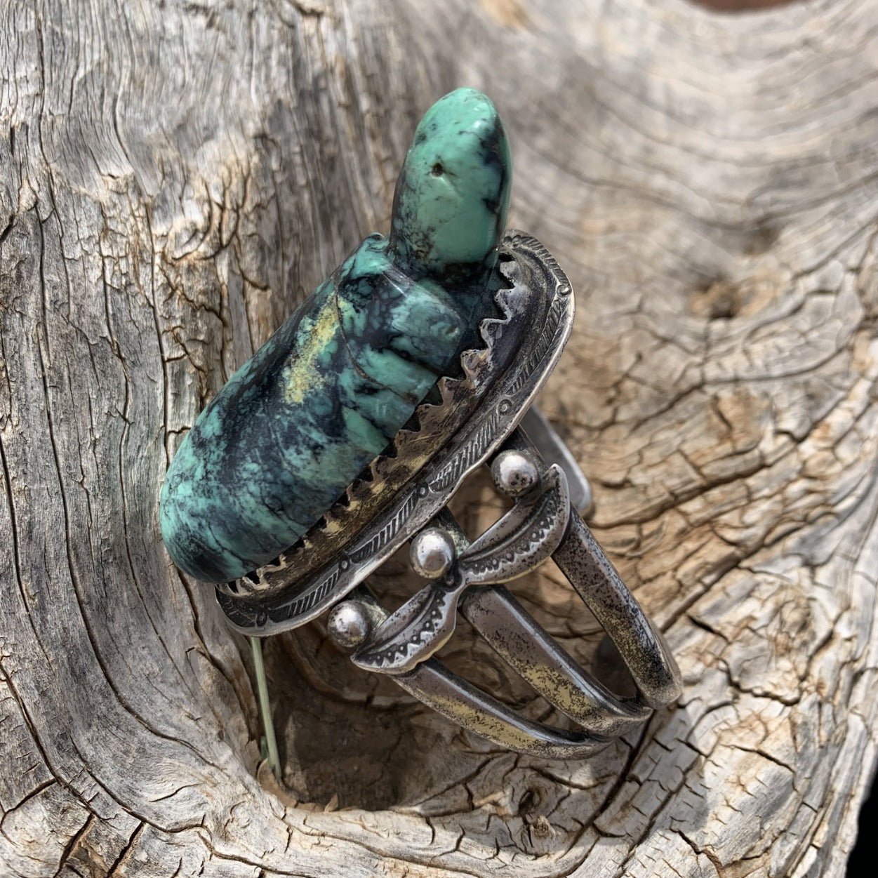 Vintage Silver Bracelet Set With Leo Poblano Turtle Fetish - Turquoise & Tufa