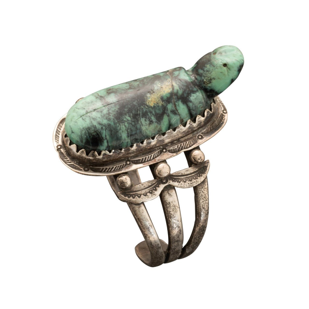 Vintage Silver Bracelet Set With Leo Poblano Turtle Fetish - Turquoise & Tufa