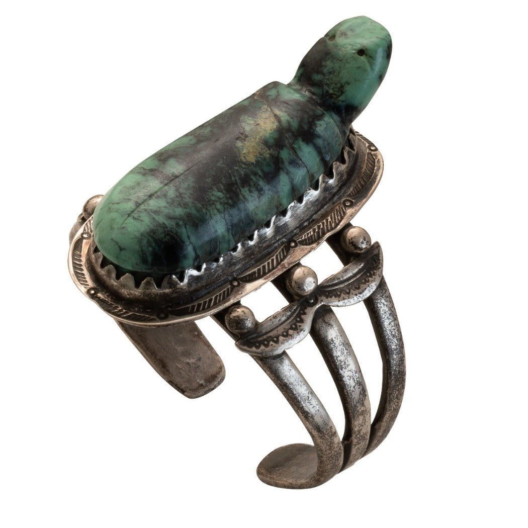 Vintage Silver Bracelet Set With Leo Poblano Turtle Fetish - Turquoise & Tufa