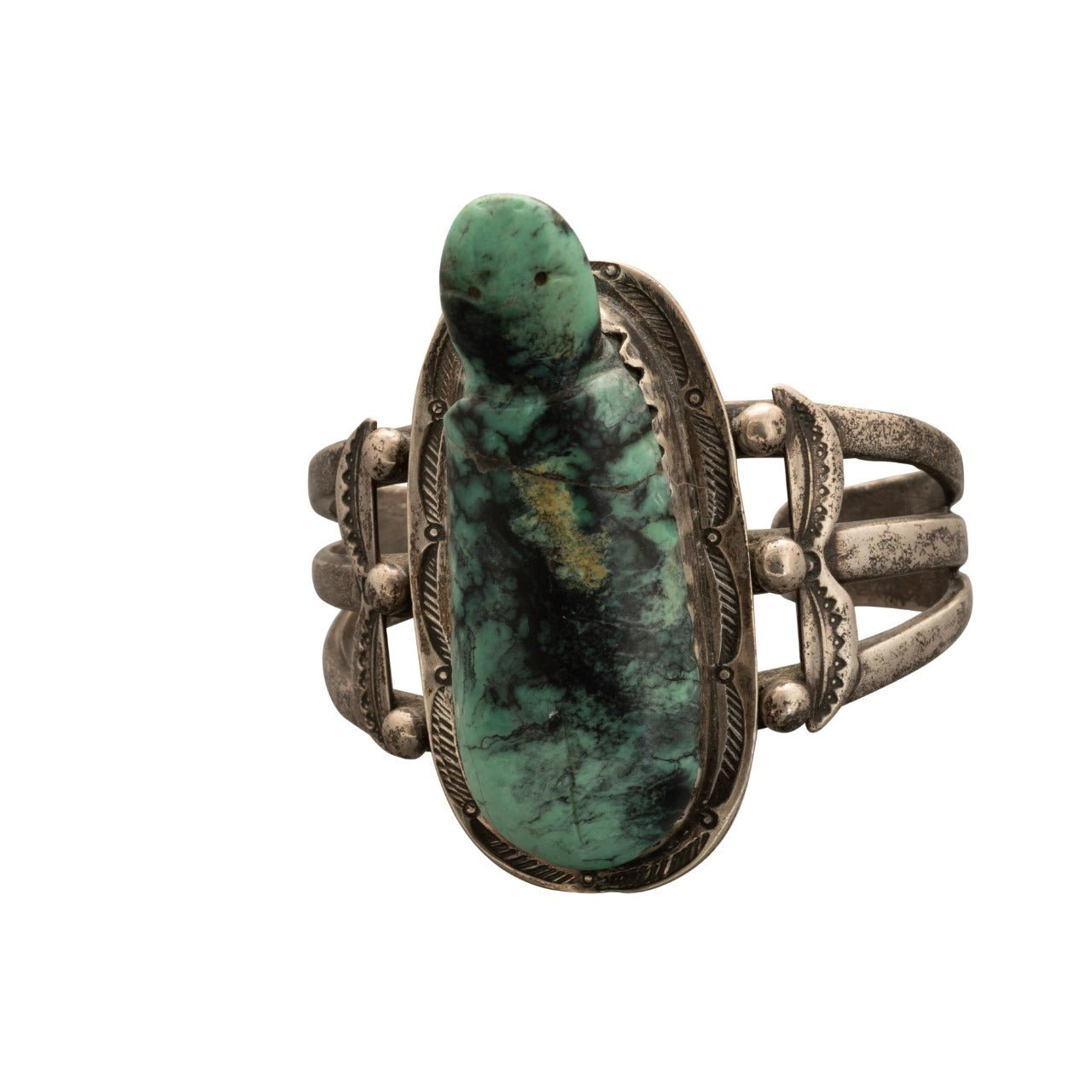 Vintage Silver Bracelet Set With Leo Poblano Turtle Fetish - Turquoise & Tufa