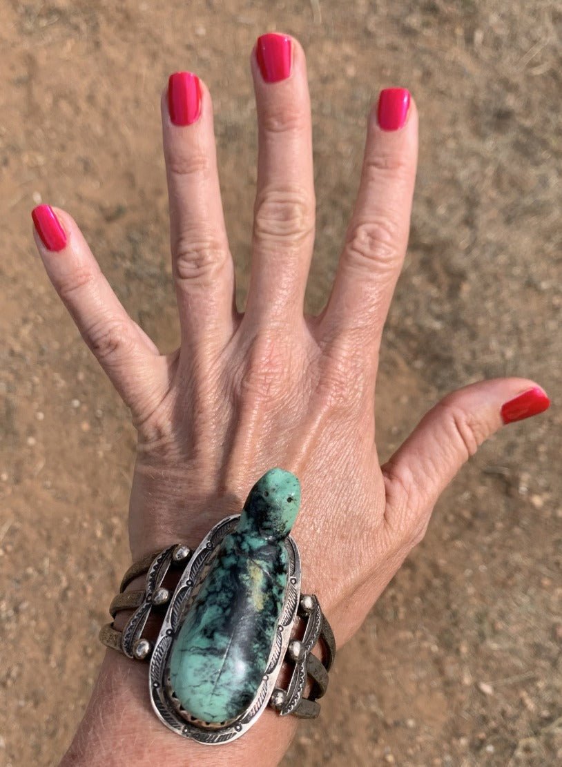 Vintage Silver Bracelet Set With Leo Poblano Turtle Fetish - Turquoise & Tufa