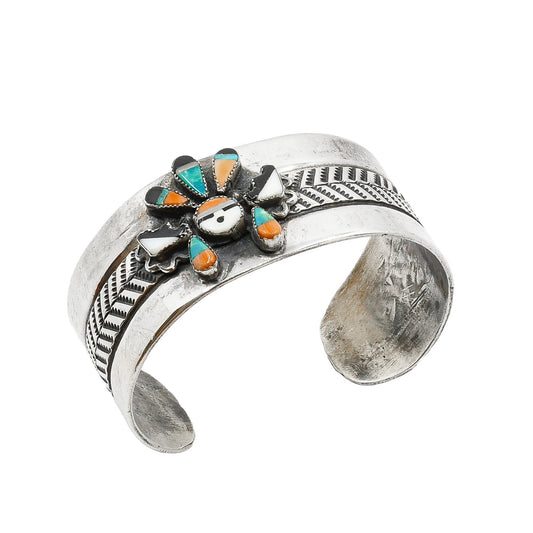 Vintage Silver Cuff Bracelet With Zuni Inlay Sunface Katsina - Turquoise & Tufa