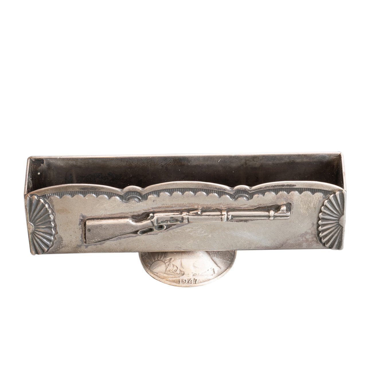 Vintage Tom Dewitt Sterling Silver Card Holder With Winchester Rifle - Turquoise & Tufa