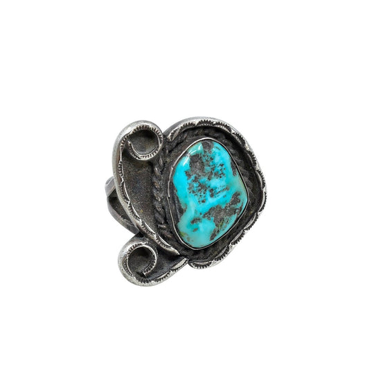 Vintage Turquoise Nugget Ring of Heavy Gauge Sterling Silver - Turquoise & Tufa