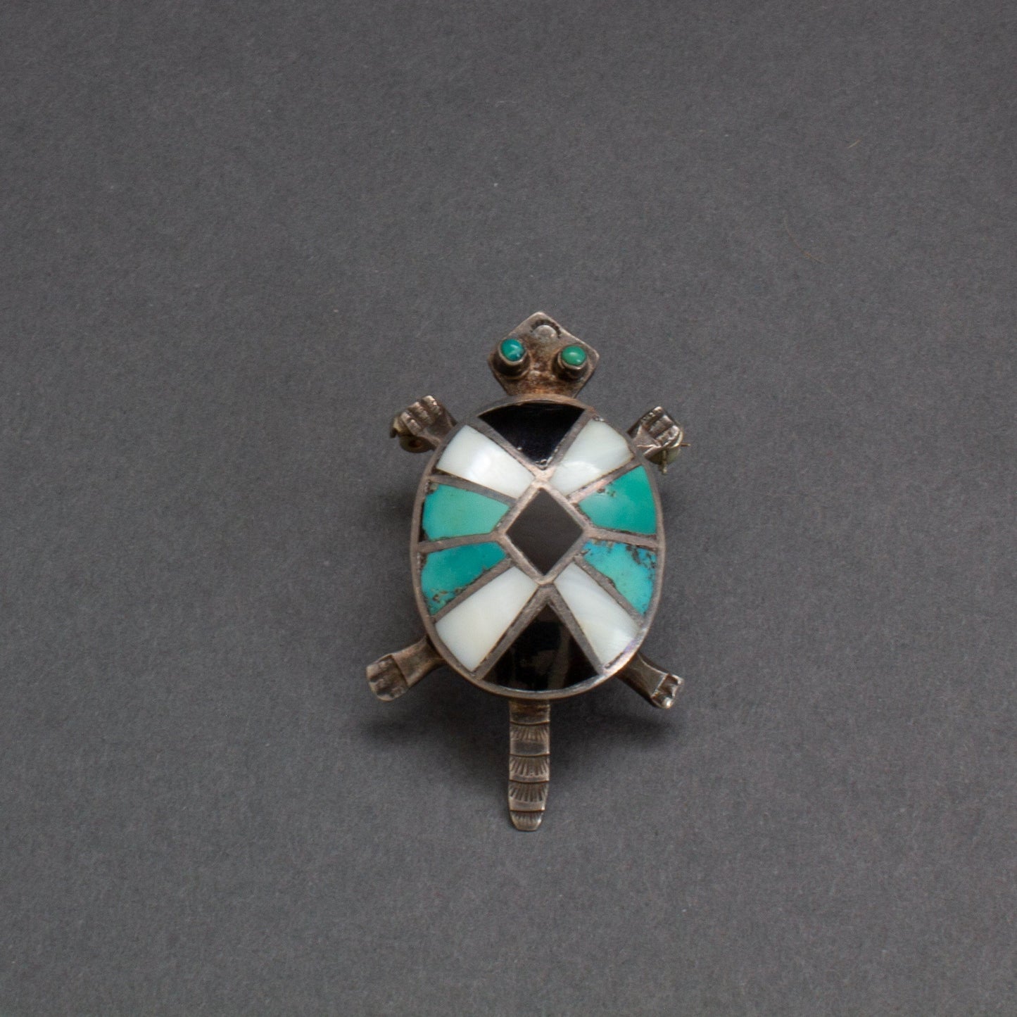 Vintage Zuni Channel Inlay Turtle Brooch - Turquoise & Tufa