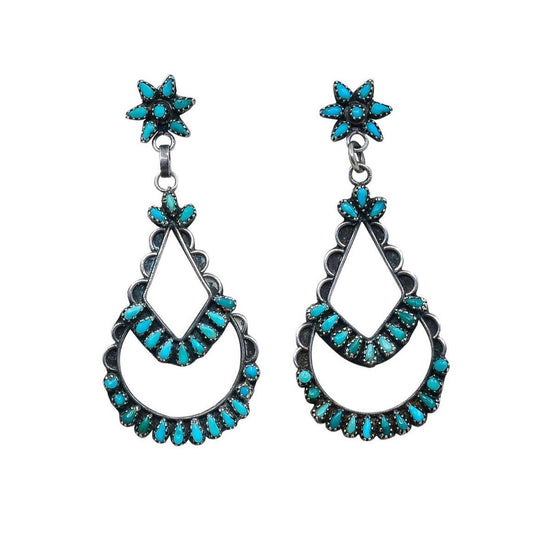Vintage Zuni Dangle Earrings Petit Point Turquoise Inlay - Turquoise & Tufa