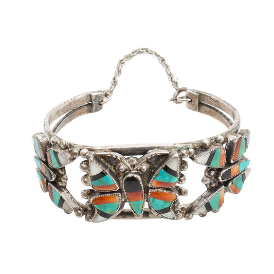 Vintage Zuni Inlay Butterfly Bracelet Of Turquoise and Other Stones - Turquoise & Tufa