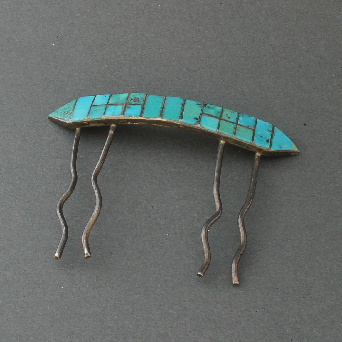 Vintage Zuni Inlay Hair Pin of Turquoise Likely By Ellen Quandelacy - Turquoise & Tufa