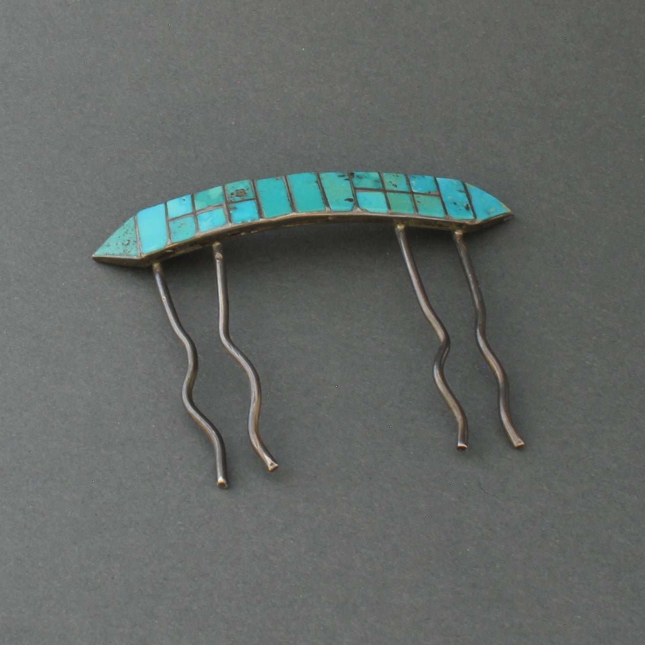 Vintage Zuni Inlay Hair Pin of Turquoise Likely By Ellen Quandelacy - Turquoise & Tufa