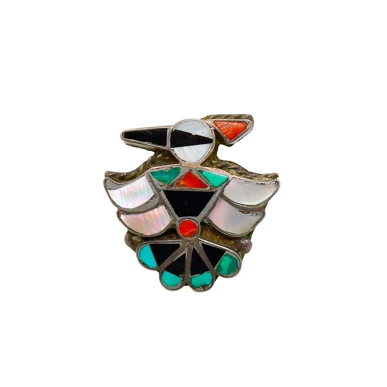 Vintage Zuni Inlay Thunderbird Ring of Silver and Multi Stones - Turquoise & Tufa