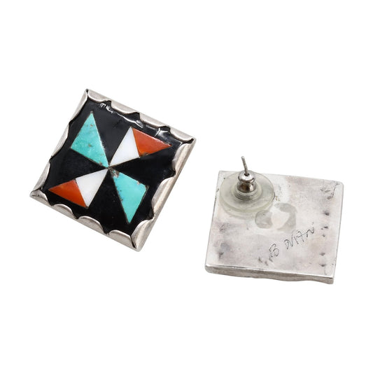 Vintage Zuni Mosaic Inlay Earrings of Turquoise and Coral Pinwheels - Turquoise & Tufa
