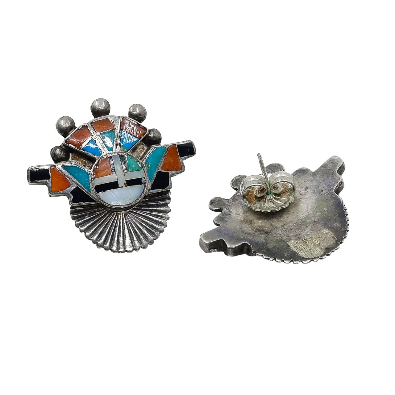 Vintage Zuni Sun Katsina Pin Pendant and Earring Set - Turquoise & Tufa