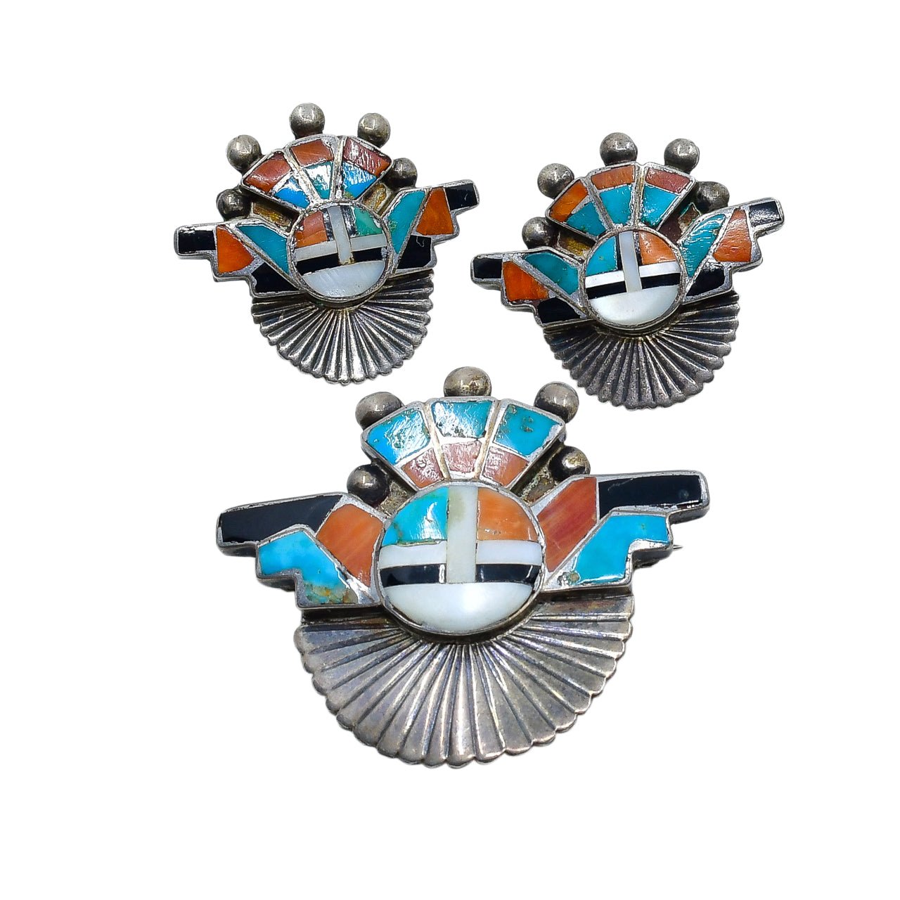 Vintage Zuni Sun Katsina Pin Pendant and Earring Set - Turquoise & Tufa