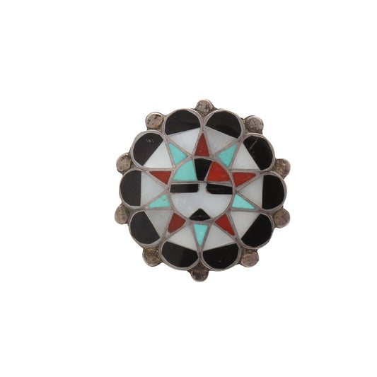 Vintage Zuni Sunface Ring of Inlay Stones - Turquoise & Tufa