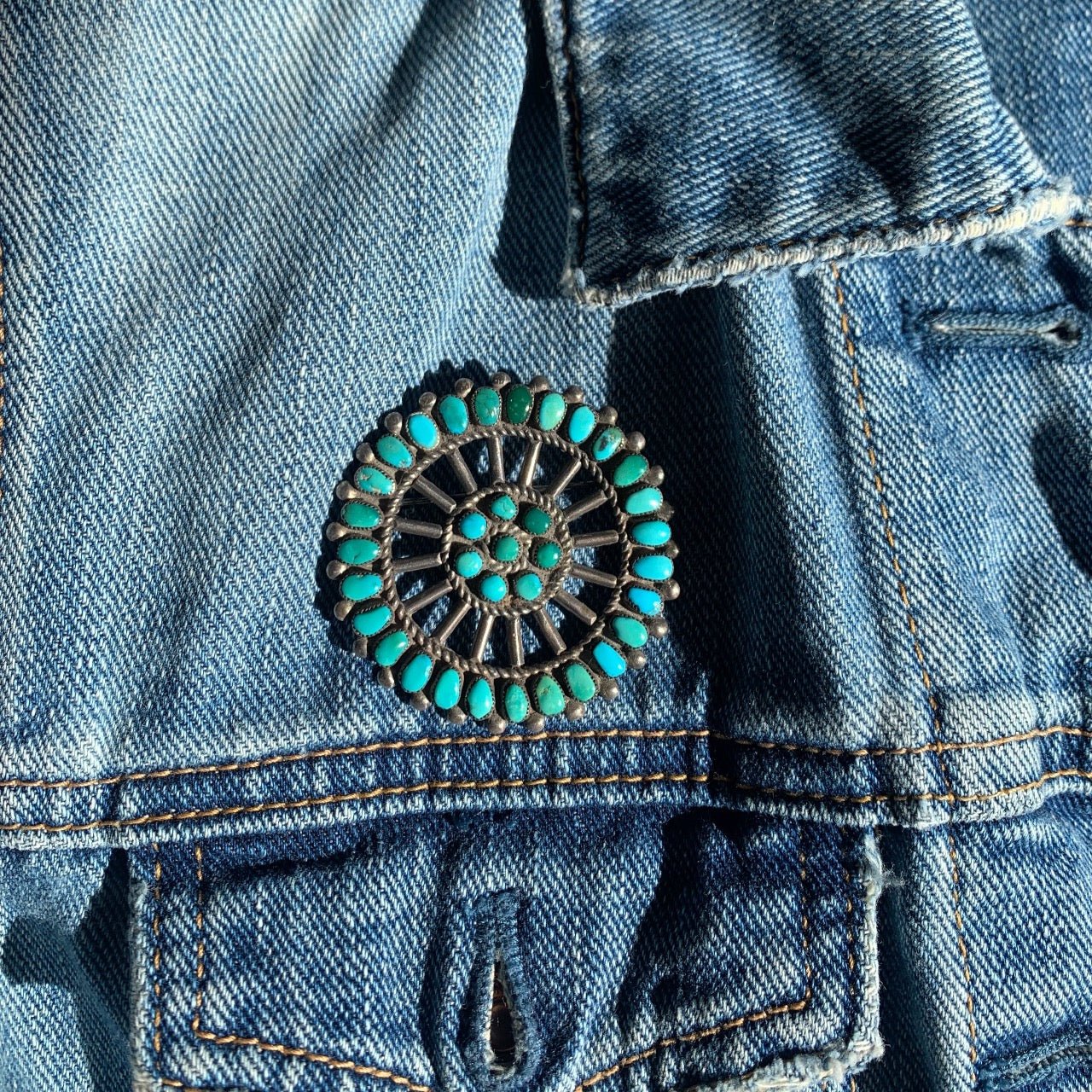 Vintage Zuni Turquoise Cluster Pin Pendant Wagon Wheel - Turquoise & Tufa