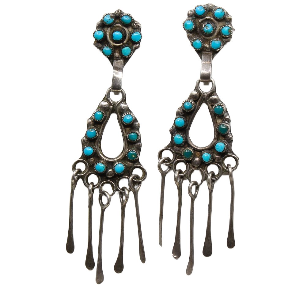 Vintage Zuni Turquoise Dangle Earrings - Turquoise & Tufa