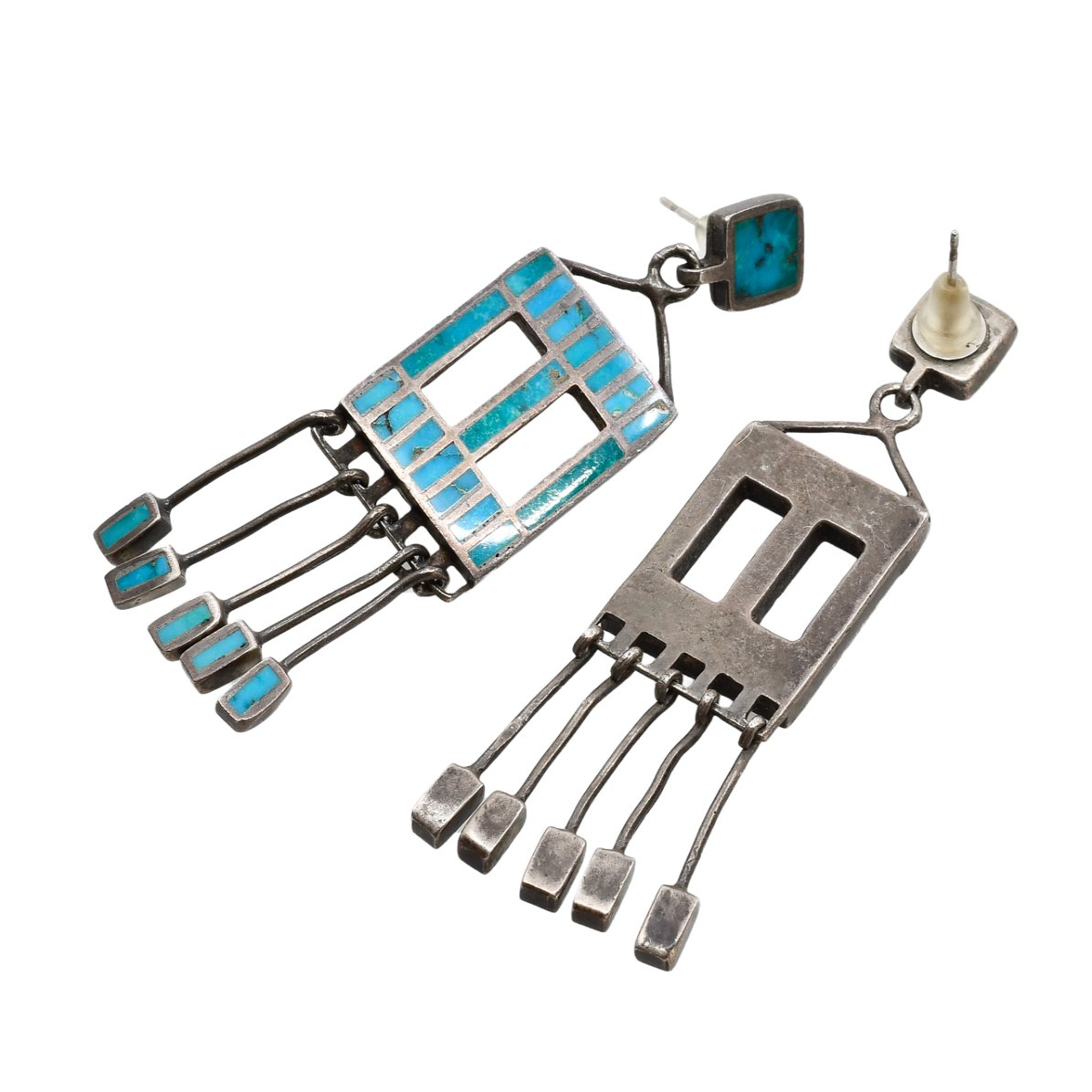 Vintage Zuni Turquoise Earrings Of Flush Channel Inlay - Turquoise & Tufa