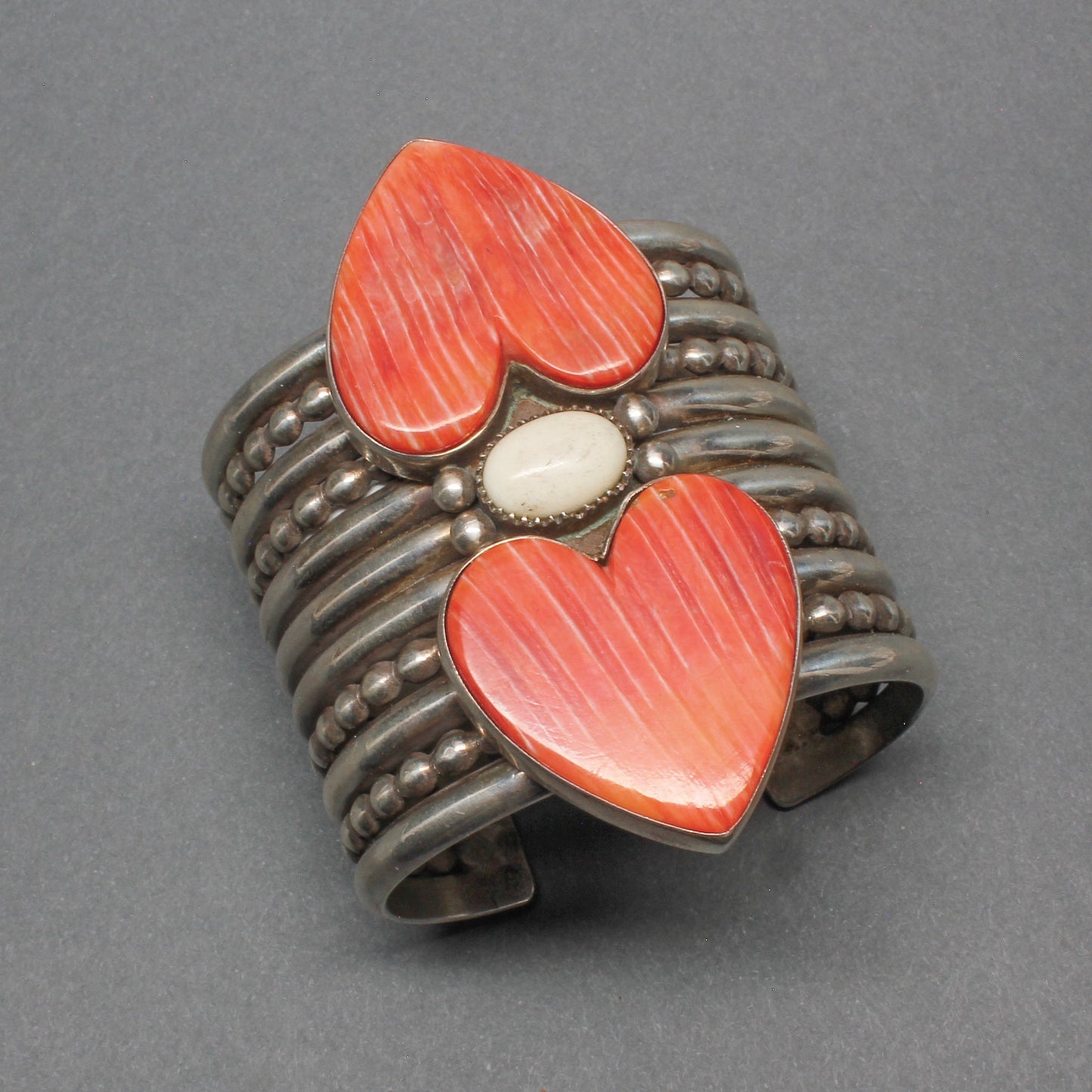 Wide Silver Bracelet With Spiny Oyster Hearts by Mike Bird Romero - Turquoise & Tufa