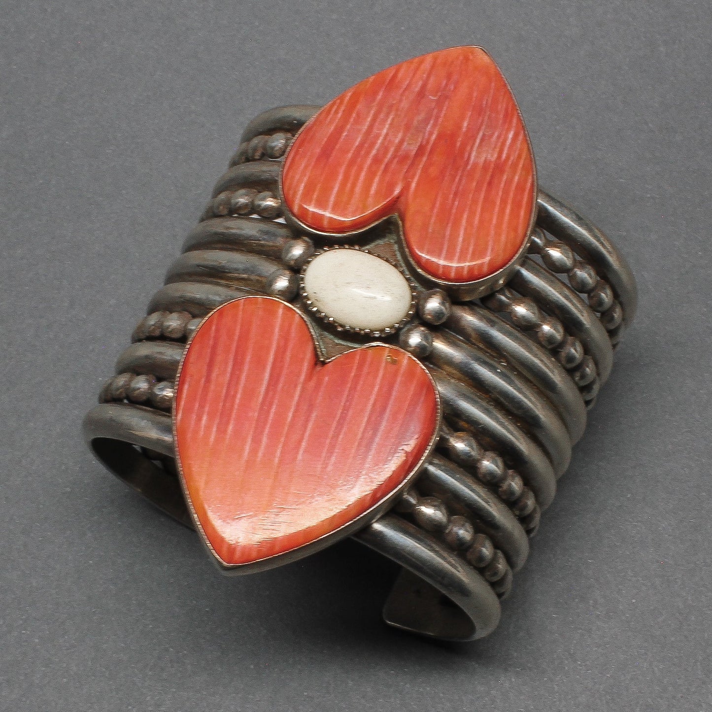 Wide Silver Bracelet With Spiny Oyster Hearts by Mike Bird Romero - Turquoise & Tufa