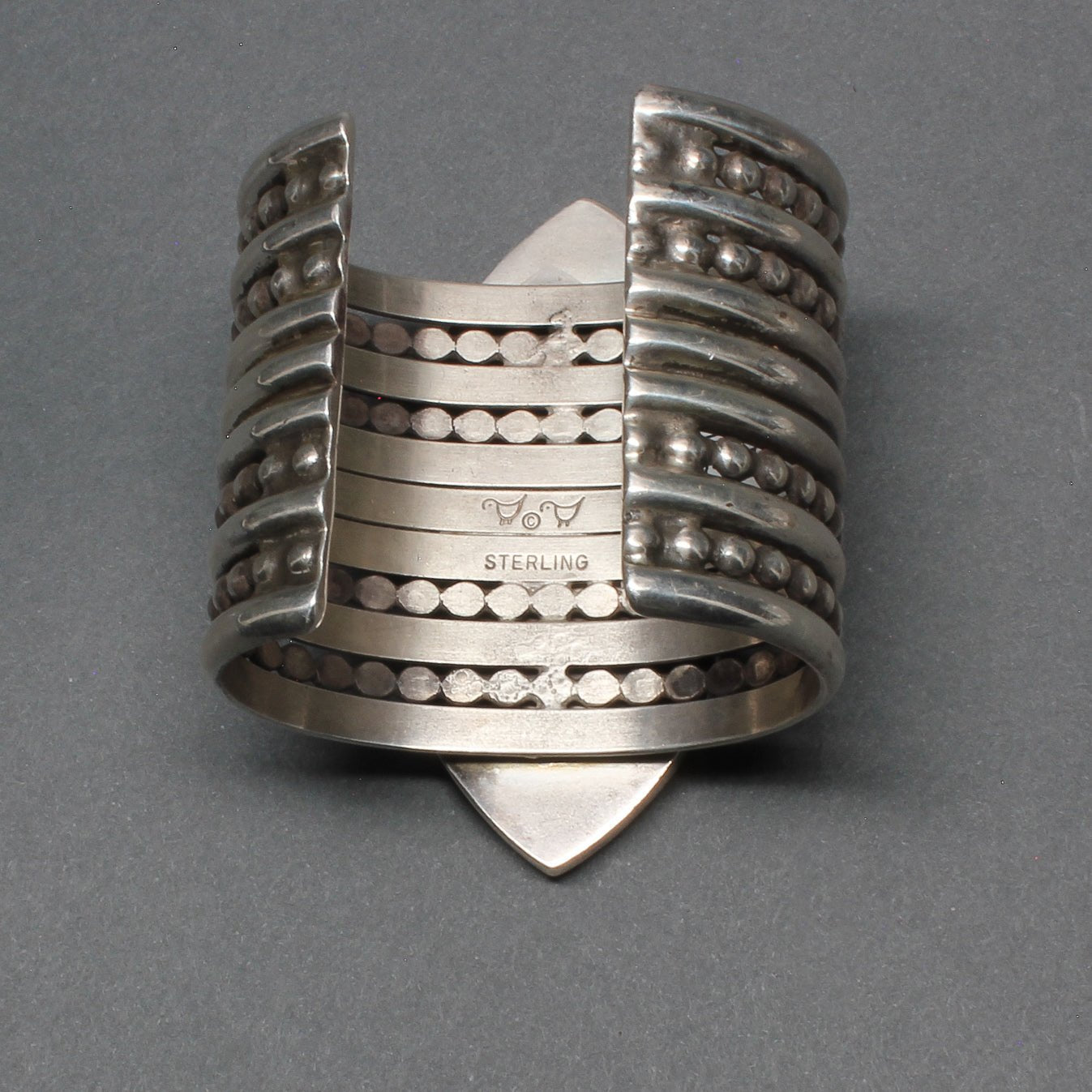 Wide Silver Bracelet With Spiny Oyster Hearts by Mike Bird Romero - Turquoise & Tufa