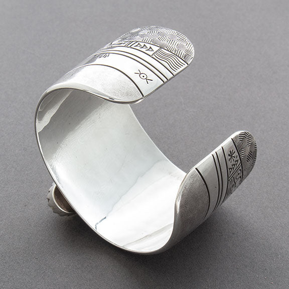 Wide Silver Cowboy Slim Bracelet by Navajo Jeweler Norbert Peshlakai - Turquoise & Tufa