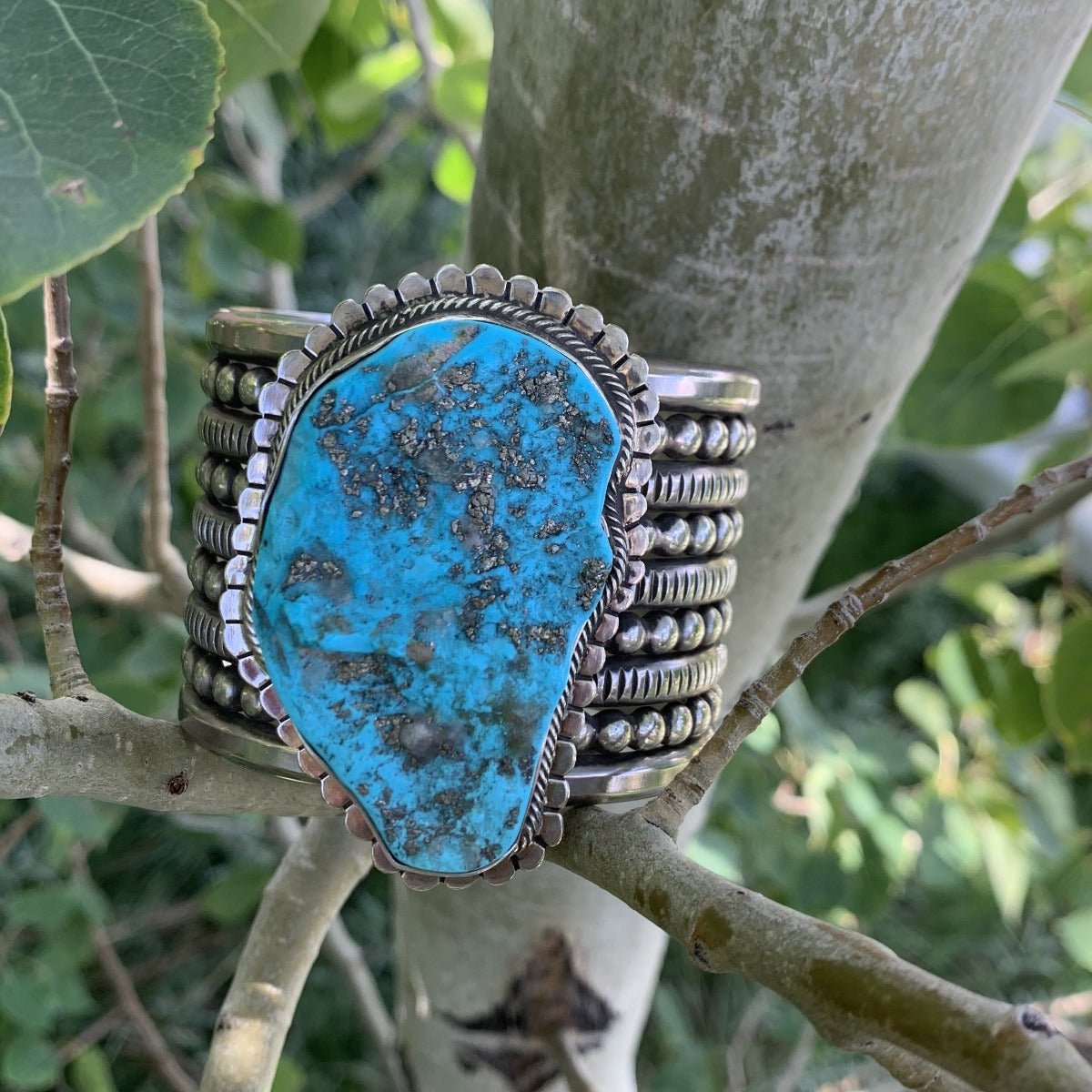 Wide Silver Cuff by Mike Bird Romero With Morenci Turquoise - Turquoise & Tufa