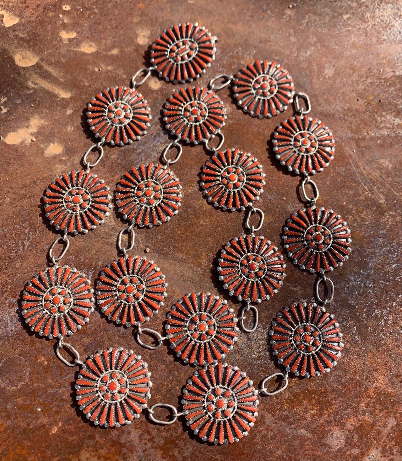 Zuni Inlay Coral Link Belt By Vernon And Judy Wallace - Turquoise & Tufa