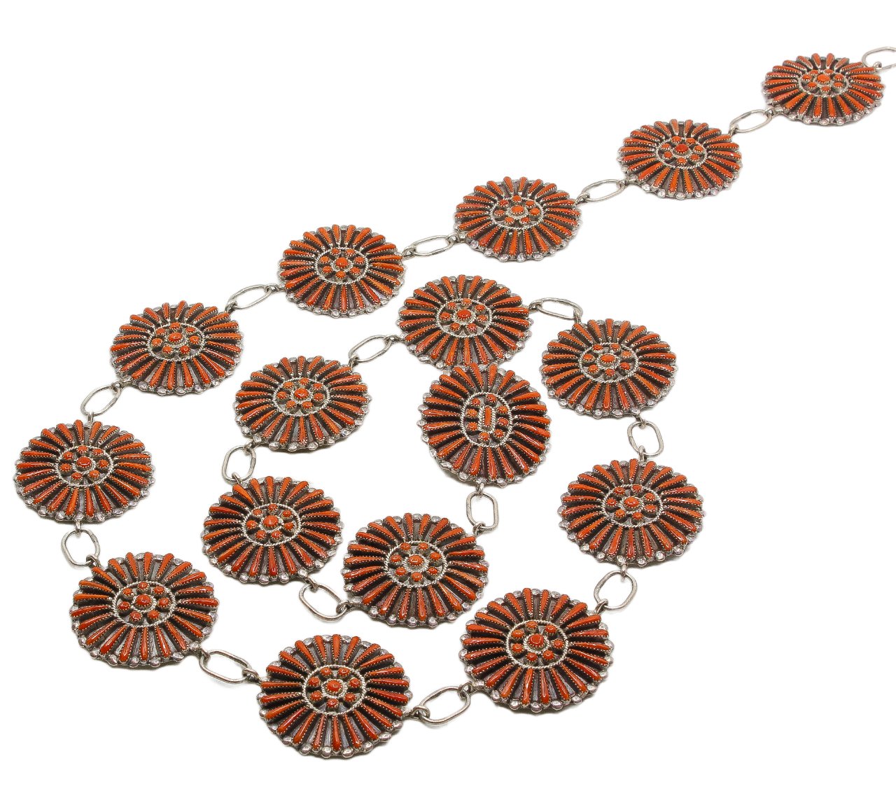 Zuni Inlay Coral Link Belt By Vernon And Judy Wallace - Turquoise & Tufa