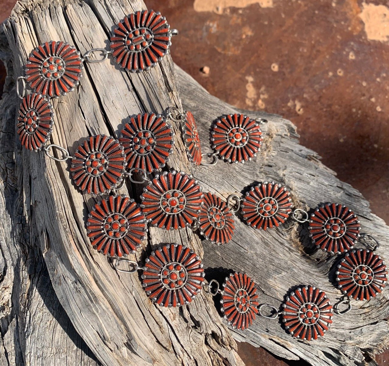 Zuni Inlay Coral Link Belt By Vernon And Judy Wallace - Turquoise & Tufa