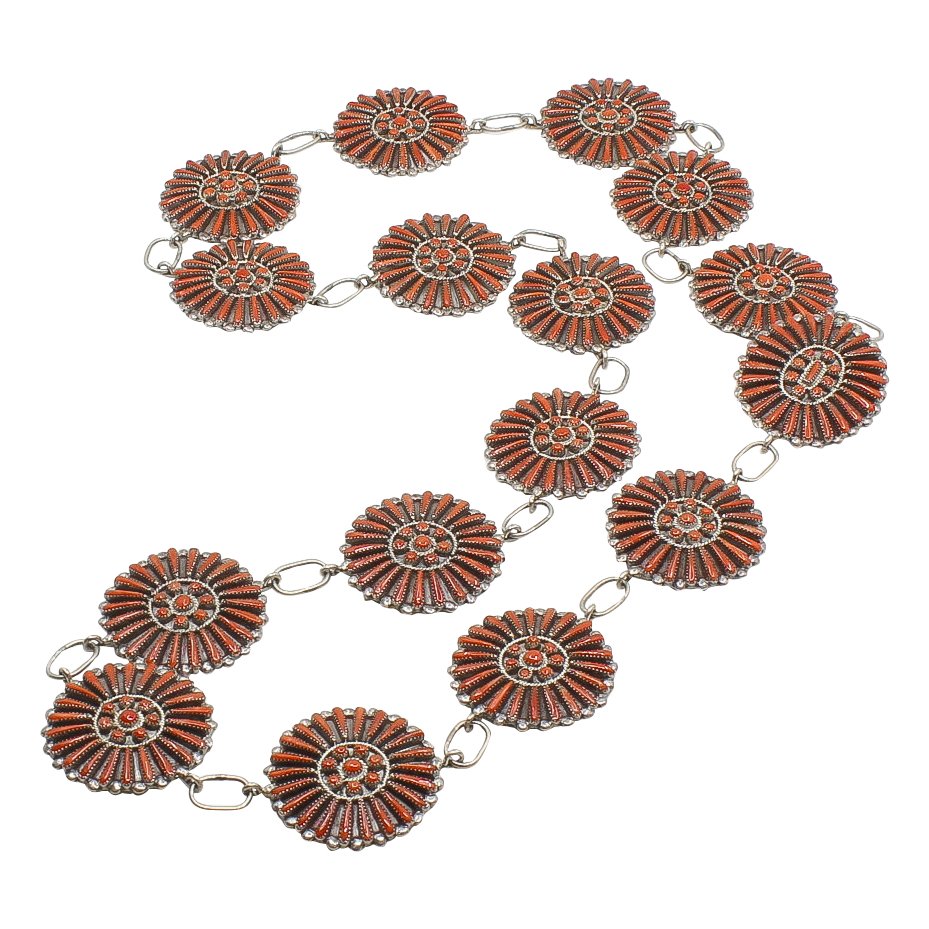 Zuni Inlay Coral Link Belt By Vernon And Judy Wallace - Turquoise & Tufa