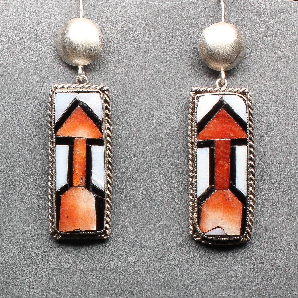 Zuni Inlay Dangle Arrow Earrings Set in Silver Circa 1940's - Turquoise & Tufa