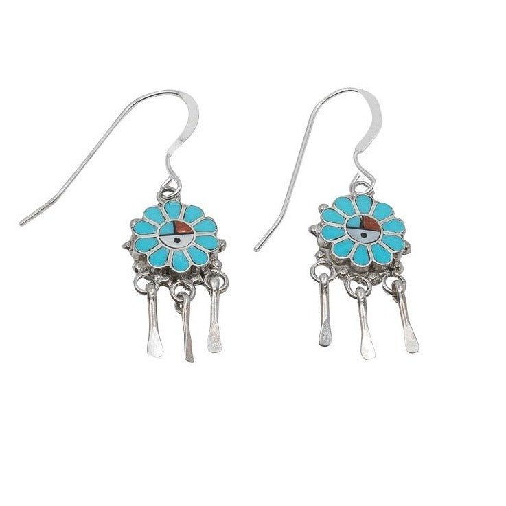 Zuni Sunface Dangle Earrings of Channel Set Inlay - Turquoise & Tufa