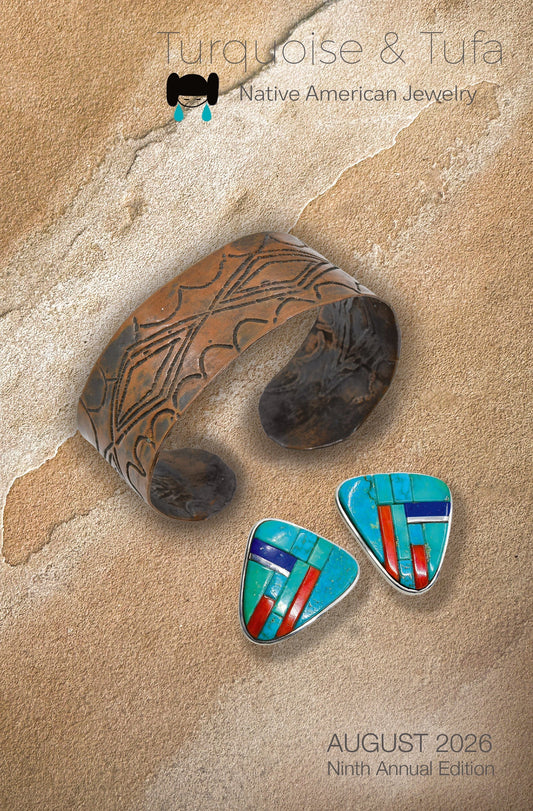 The Cover of Turquoise & Tufa's 2026 Native American Jewelry Catalog with a pair of Turquoise Loloma earrings and a copper bracelet