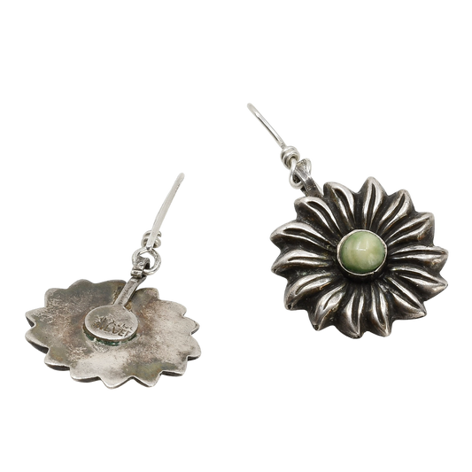 Early Mexican Silver Flower Earrings With Yellow Green Calcite Stone