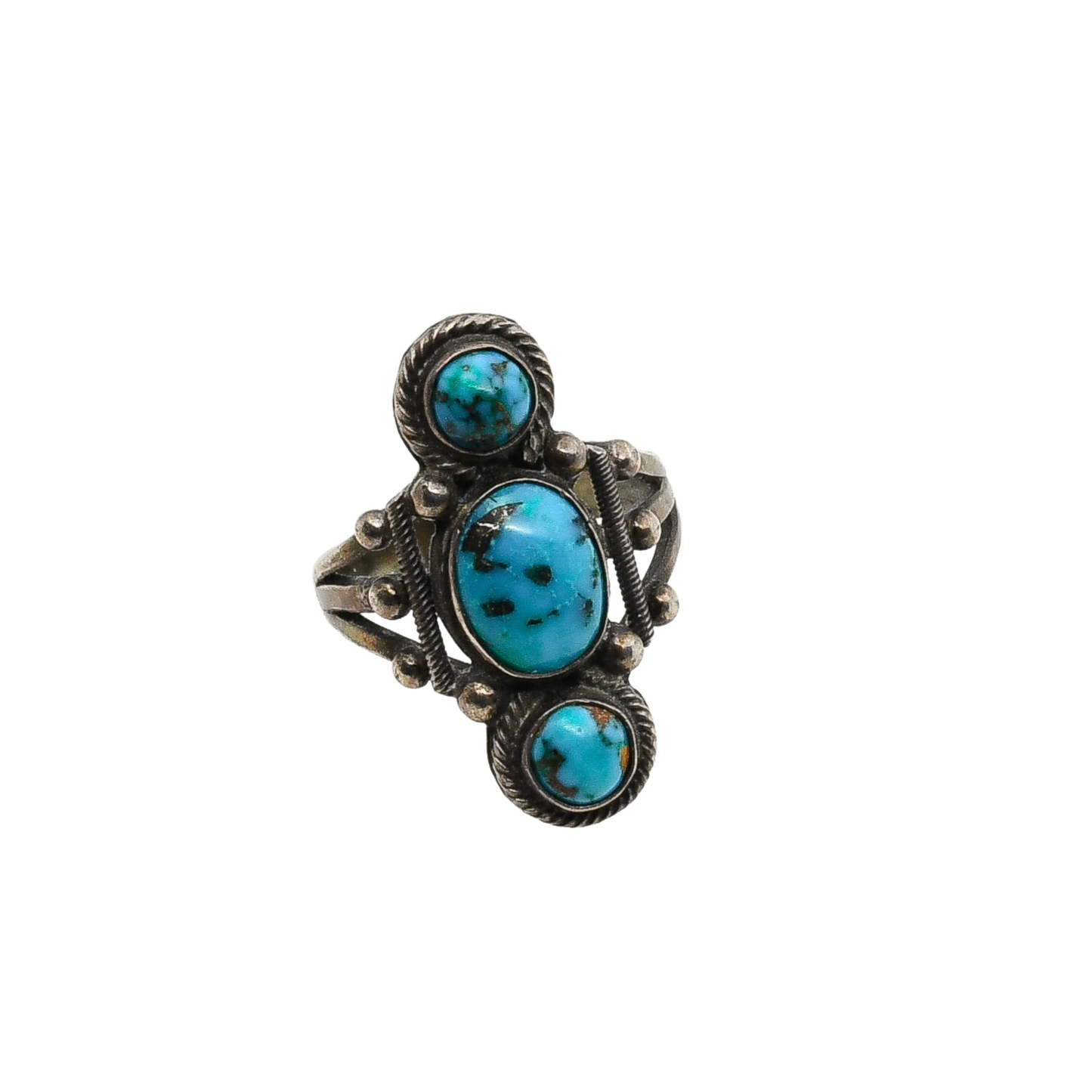 Early Navajo or Pueblo Three Stone Turquoise and Silver Ring