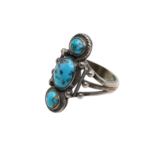 Early Navajo or Pueblo Three Stone Turquoise and Silver Ring