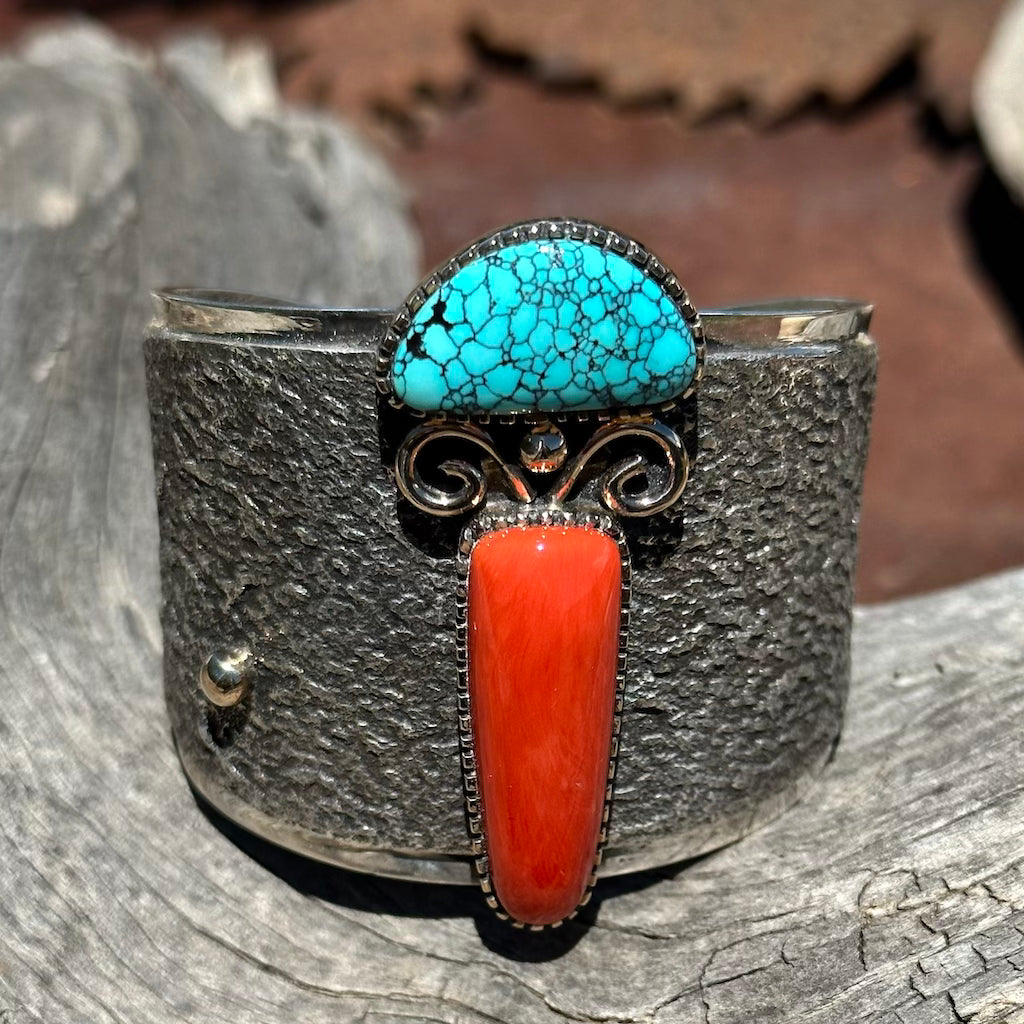 Edison Cummings Bracelet of Natural Lone Mountain Turquoise and Coral